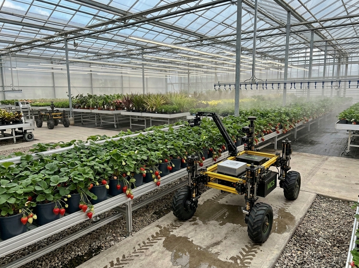 Pipal robot scanning potted plants in a greenhouse